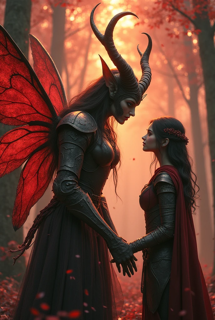 Fairy, in magical forest, theme red and mix with orange,
Make fariy scarry and gorgeous with horns 
And make girl adult in battle Armor
Change the outfit not make bold outfit 
