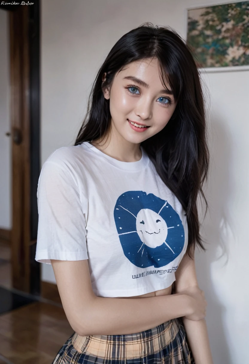 8K, Top Quality, Intricate Details, Ultra Detail, Ultra High Resolution, Masterpiece, random angle, Slender, Smile, (Makeup: 0.4), (Fluffy Blue Eyes: 1.21), blue Eyes, looking at viewer, ((full body)), 1girl, solo, 1 girl, (( full body)), close up shot, , ((tall)), (((fit body))), (((slim face))), sharp face, sharp eyes, (((black hair, long hair, )) , (detailed face), sharp face, small lips, windy ,
(( t-shirt, plaid skirt)), (crop top)), detailed face, detail leg, (( moonlight)), top of mountain