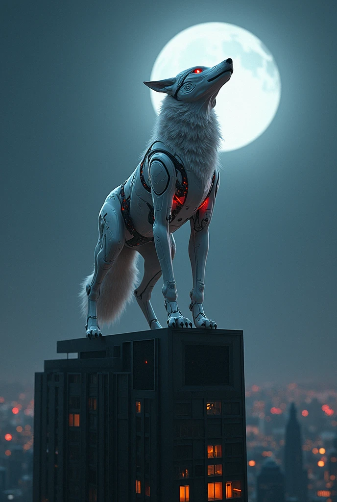 (photorealism:1.2), WOLF in white glossy cyborg helmet and cyborg costume with red glowing eyes on top of a skyscraper in night looking at the moon