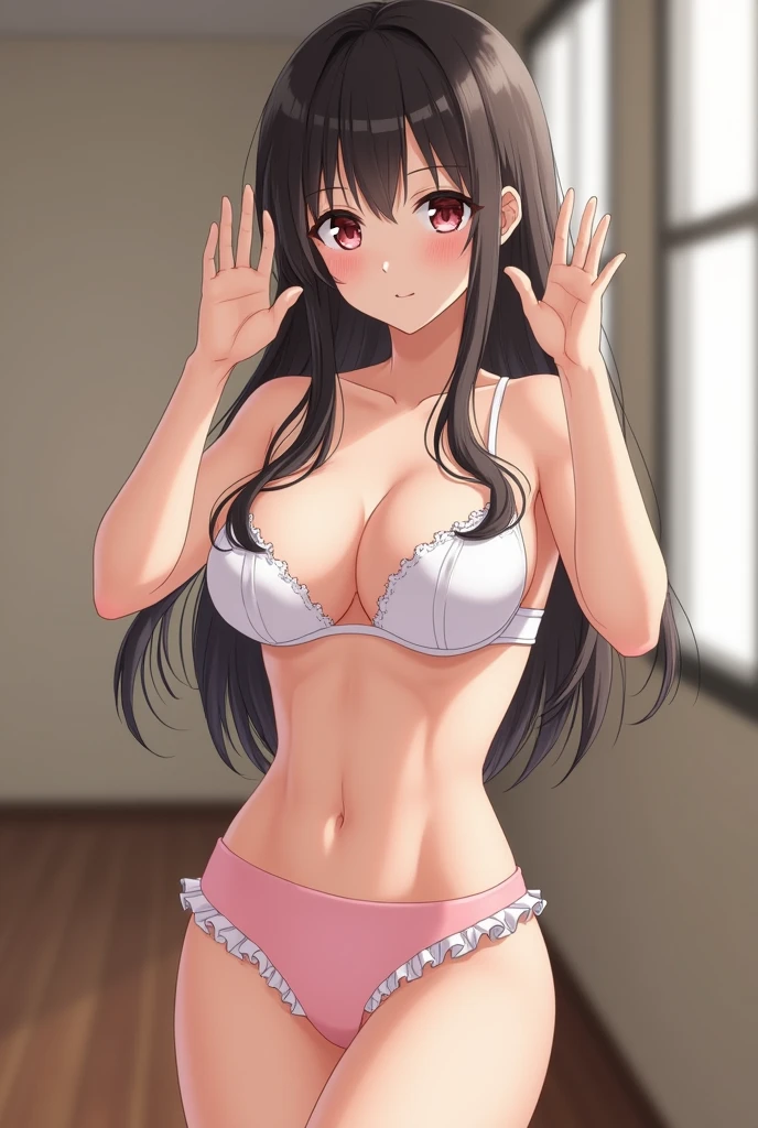 (((masterpiece))), (((best quality))), ((ultra-detailed)), (highly detailed CG illustration), (masterpiece:1.5), Detailed Photo, innocent smile,Sexy, (Best Quality: 1.4), (1girl), Beautiful Face, (Black Hair, long Hair: 1.3), Beautiful Hairstyle, beautiful detail eyes, (realistic skin), beautiful skin, absurd, attractive, ultra high resolution, high definition, (sexually aroused:1.5), Pinkish white skin, cool white light, sexy pose, full body view,Beautiful , white background, pink soft white light, pink bra, busty breast,(hair over one eye:1.4), Messy hair,hair between eyes,pubic hair pussy, dense pubic Hairy pussy .