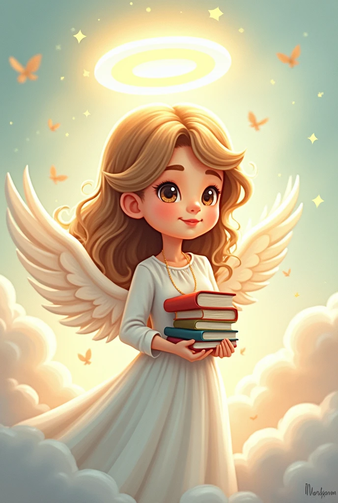 Teacher as an angel it should be creative beautiful and look like a drawing...
She should look like a teacher with some books in hand
Cartoon like appearance as if somebody has drawn her