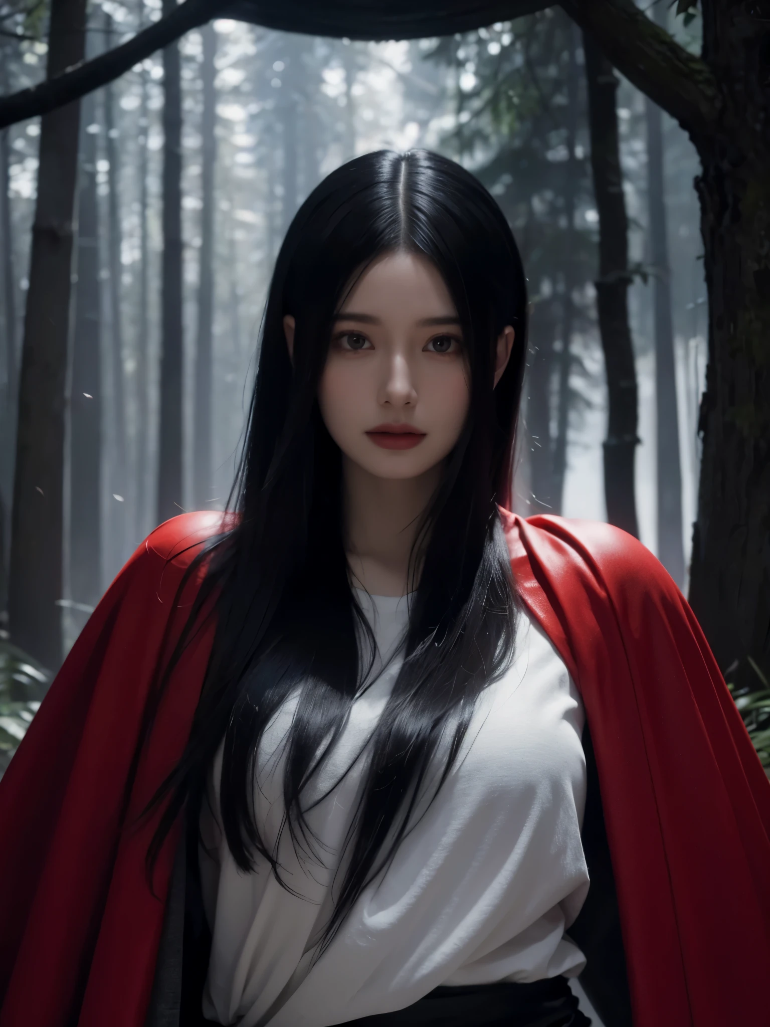 (ultra-detailed),((portrait )),image of a girl with a red cape and black hair, on a dark path through the forest, heading towards a magic gate.black and gray gradient, hazy, realistic, 8k resolution, Unreal Engine, cinematic