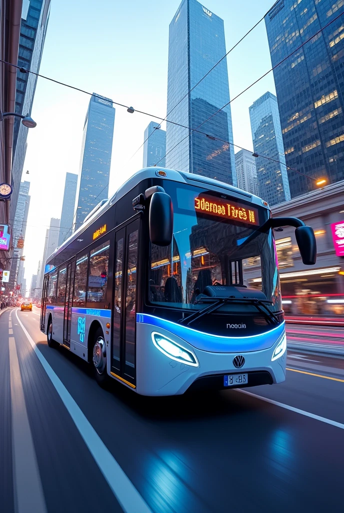 make a picture of a white bus moving through the city, with a blue side stripe, the name NEO META in blue on the sides, with the name CARAÚBAS/RN written on the sign on the front of the bus 