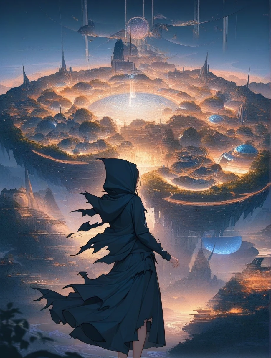 score_9, score_8_wonderful, score_7_wonderful, score_anime, masterpiece, Highest quality, Delicate illustrations, Sharp lines, Sharp focus, break, a traveling girl wandering in the endless night world, The girl is wearing a hood、There are a lot of things in the backpack。, night , wonderful風景, Beautiful views, Harmony with Nature, wonderful景色, Space City, (((Torn clothes))), (((Torn hood))),Long skirt,(((Torn Skirt)))