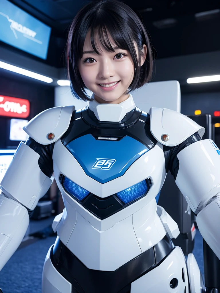 Japanese female android,Black Hair,White and blue robot suit,Plump,movie theatre,Staring at the screen,smile,,Portraiture