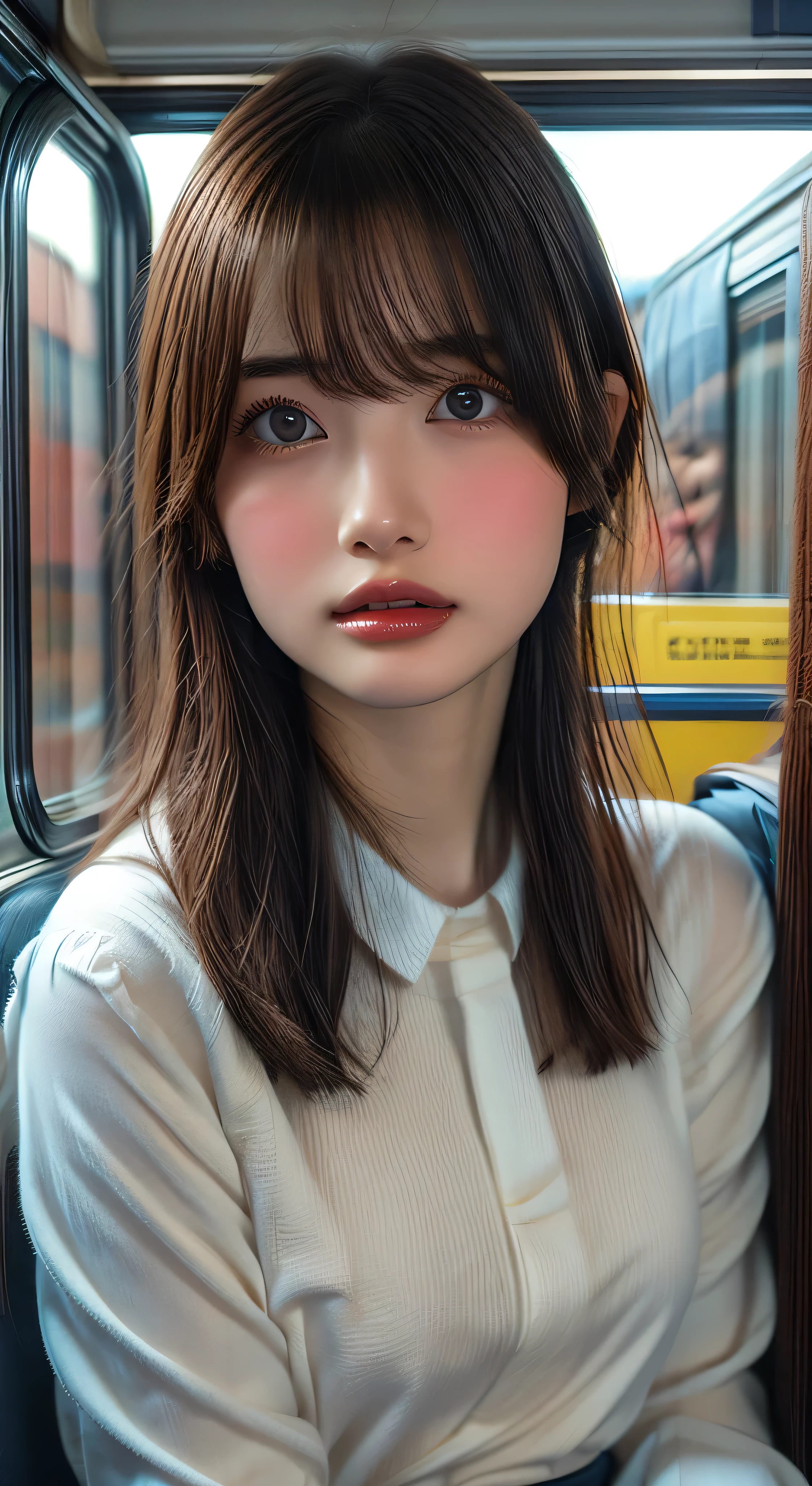 Highest quality, masterpiece, Ultra-high resolution, (reality: 1.4), Original photo, One Girl, mature, White JK, Smile, short hair,  Large Breasts , Plump body, Button gap:1.5, sit in a train seat,  Cinema Lighting, Horizontal sheet, View from the train window