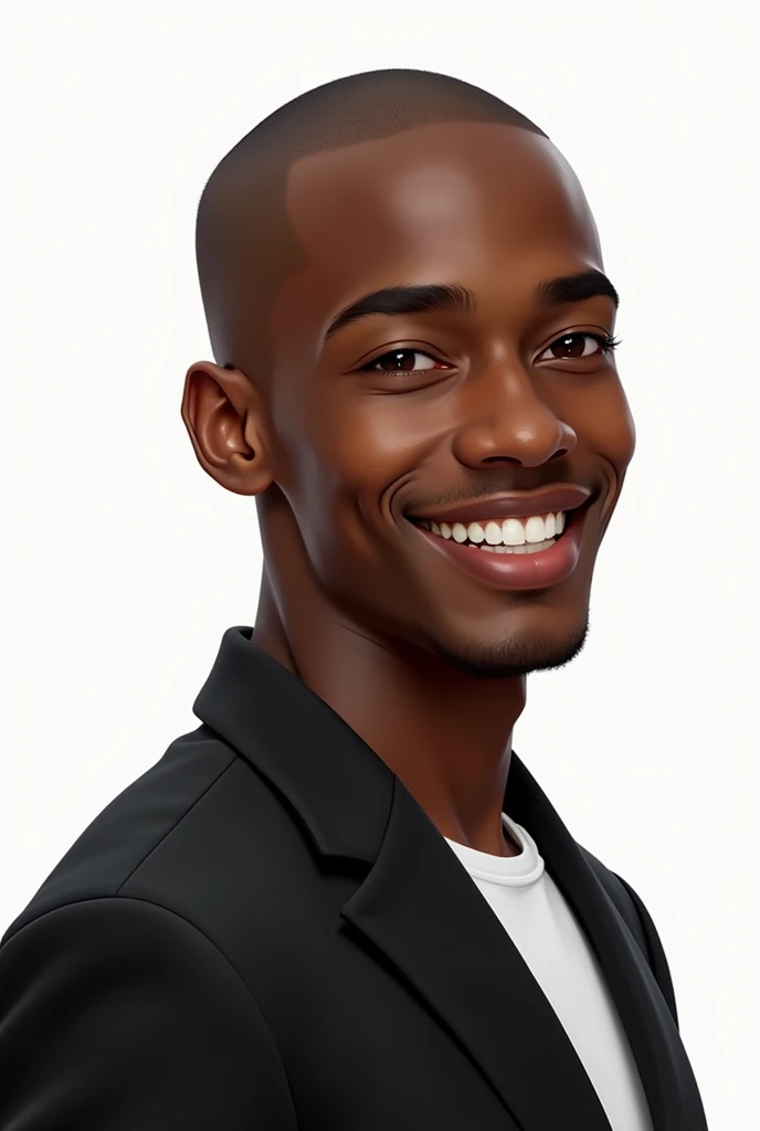 Une jeune homme africain, aux cheveux rasé et à l'expression un peu souriant portant un haut de costume noir sur fond blanc; style illustration réaliste