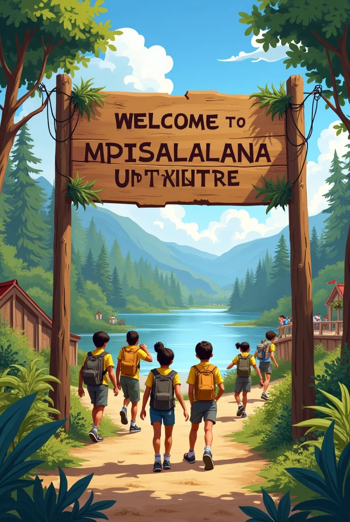Creat a scout camp adventist  with a big boardand Write the following text on the welcome sign; the following text is "Mpisavalalana Tsararay milasy miaraka amin'i Jesosy "