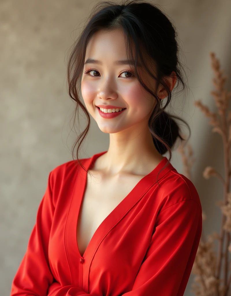 "Create an image of an 1 Asian girl wearing red clothes, with a cute face and smiling. The image should be full-body, slightly revealing, youthful, and realistic."
