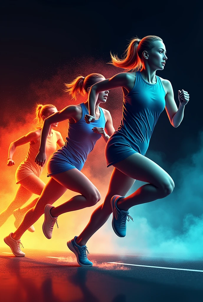 A dynamic and artistic representation of a female athlete in the midst of a sprint. The athlete is captured in three distinct phases of her run, with each phase overlaid with vibrant, contrasting colors. The left side of the image is dominated by warm hues of orange and red, while the right side is cooler with shades of blue. The athlete's figures are prominently featured, with each phase showing a different expression and focus. The background is dark, emphasizing the athlete and the colors that blend seamlessly with his form., vibrant, 3d render, cinematic, poster, ukiyo-e