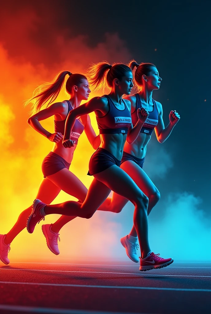 A dynamic and artistic representation of a female athlete in the midst of a sprint. The athlete is captured in three distinct phases of her run, with each phase overlaid with vibrant, contrasting colors. The left side of the image is dominated by warm hues of orange and red, while the right side is cooler with shades of blue. The athlete's figures are prominently featured, with each phase showing a different expression and focus. The background is dark, emphasizing the athlete and the colors that blend seamlessly with his form., vibrant, 3d render, cinematic, poster, ukiyo-e