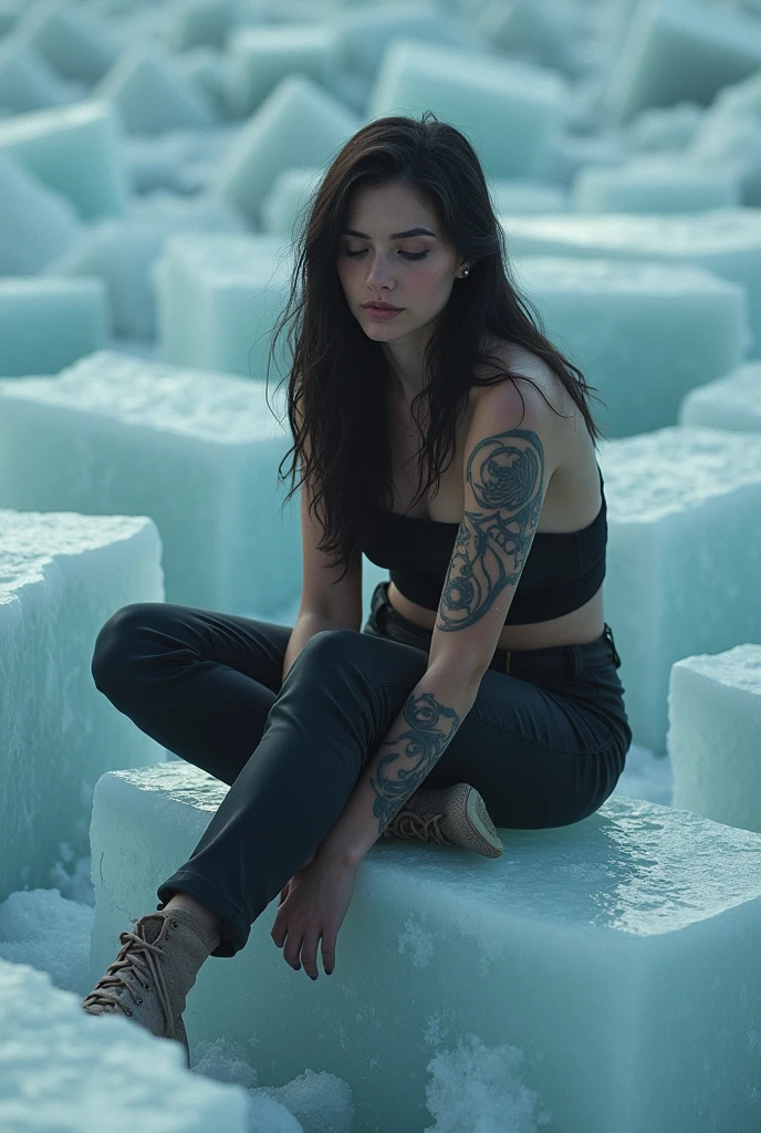 A sad woman sitting in ice brick tattoo

