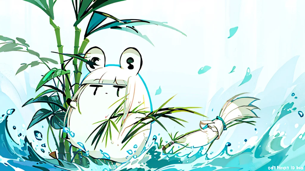 Long body panda、Holding on to the bamboo, trying hard not to be blown away by the wind、Deformation、An illustration、cute
