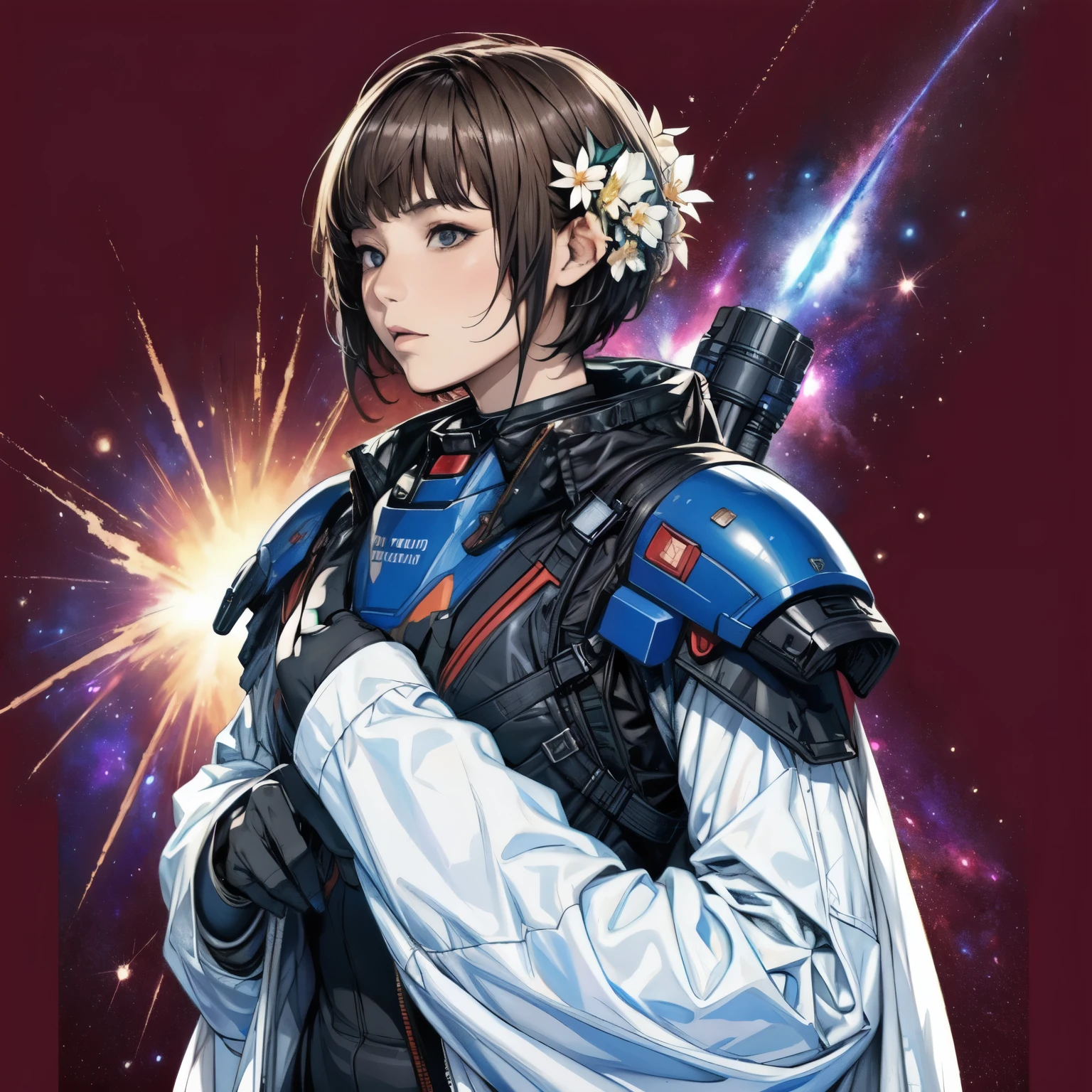 278 (20-year-old woman,short hair) , flower, Futuristic clothing, machinery suit, (The background is a galaxy and nebula)
