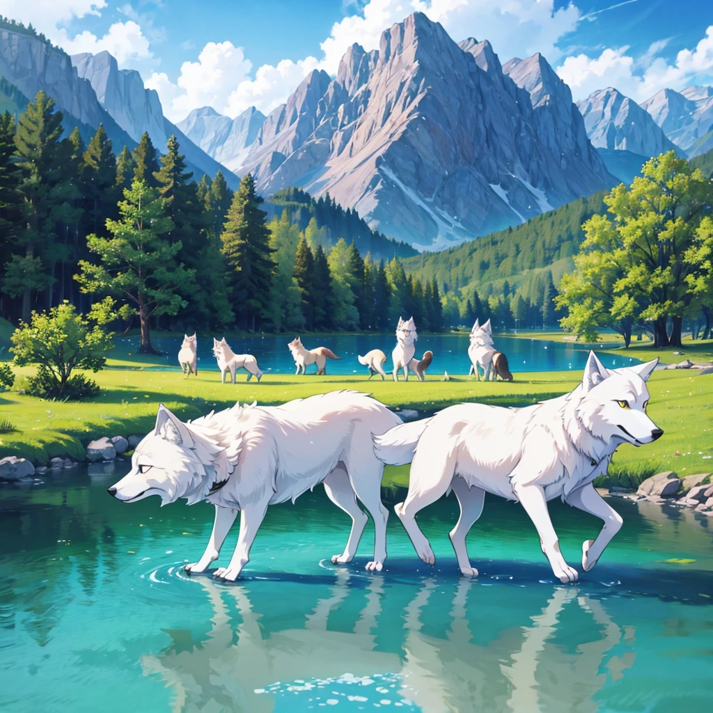 A pack of wolves walking around a lake
