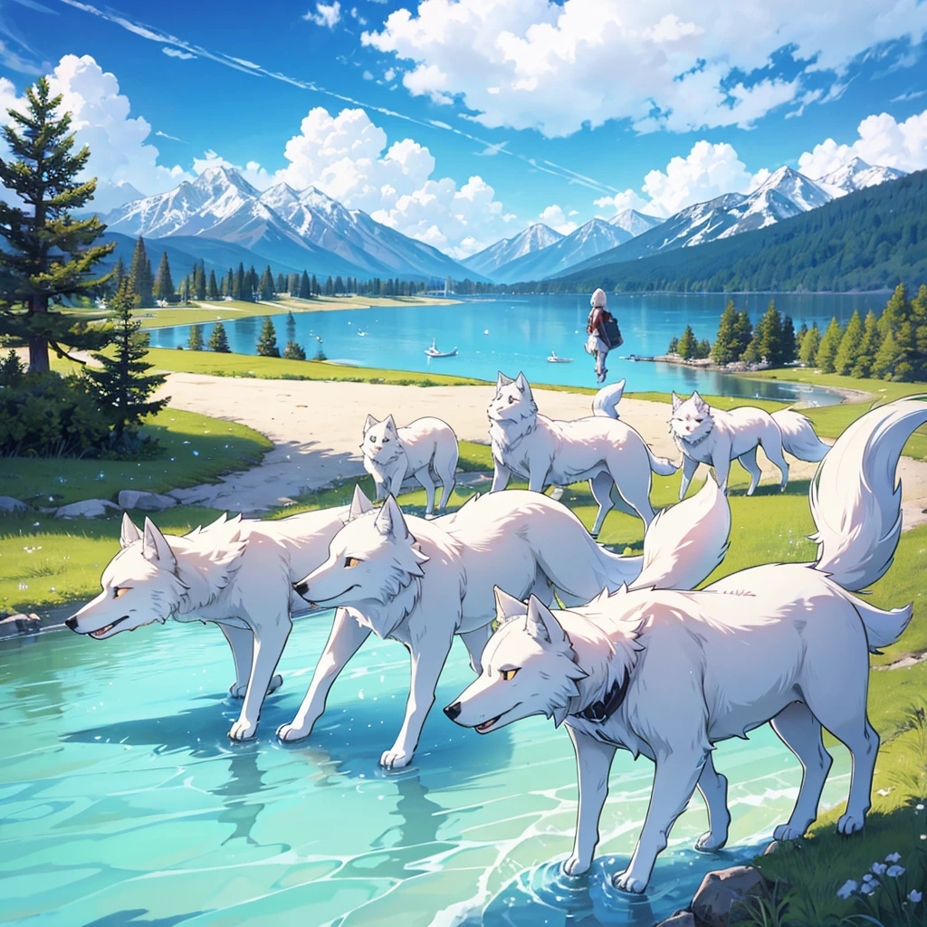 A pack of wolves walking around a lake