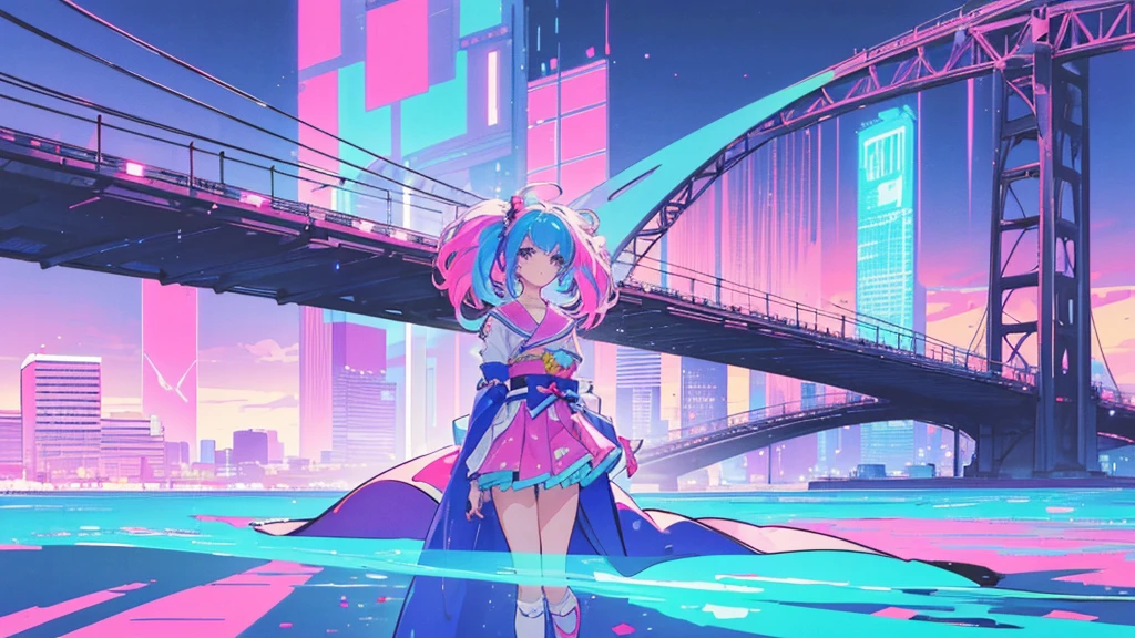 masterpiece, Highest quality, Beautiful attention to detail, Very detailed, In detail, High resolution, Perfect Anatomy, colorful, pastel colour, (One person:1.5), One personで, (City pop illustrations), (City Pop Art), Simple Background, Retro Style, (Vaporwave City Pop), (80's city pop:1.5), (City Pop anime), (river, bridge), Retro Style, 京都animeーション, 80's fashion, Cowboy Shot,anime, Neon pink and blue colors, scar, Stickers, Neon style full shot