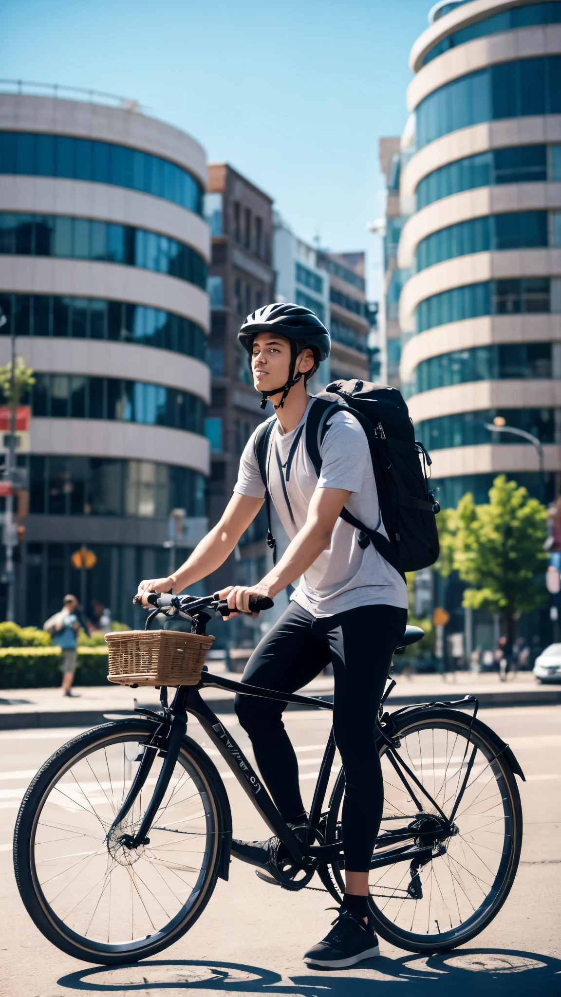 A man with a backpack riding a bicycle through the city