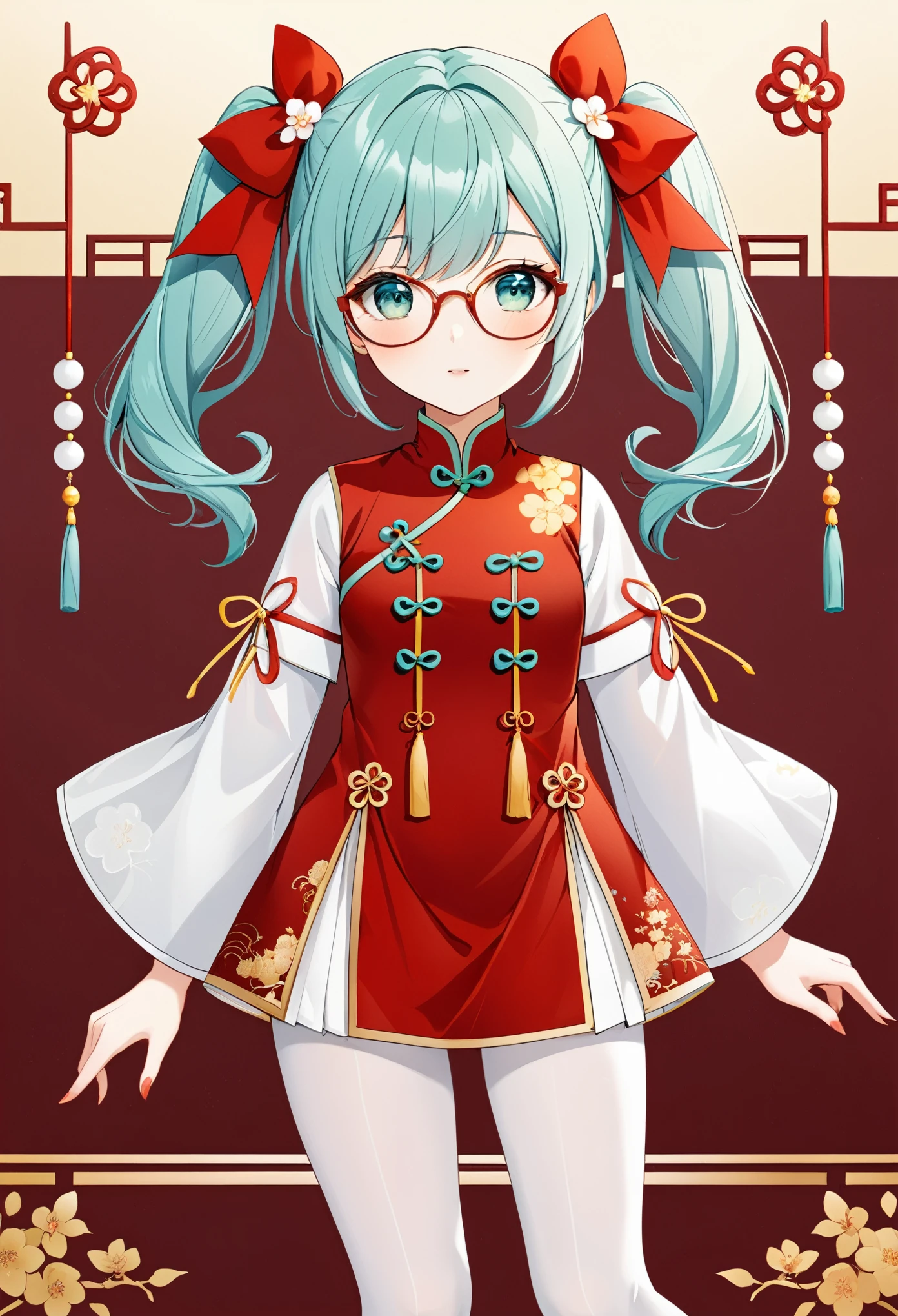 Zhezhi, twintails, multicolored hair, glasses, hair ribbon, chinese clothes, white pantyhose,