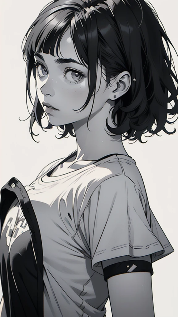 1 boyish girl, solo, sharp eyes, monochrome, greyscale, shoulder length black bangs hair, portrait, (blank white T-shirt), Thin eyebrows, closed mouth, looking at viewer, detailed lips, hatching \(texture\), without makeup, upper body, (best illustration), (best quality), (very detailed), (masterpiece), expressionless,