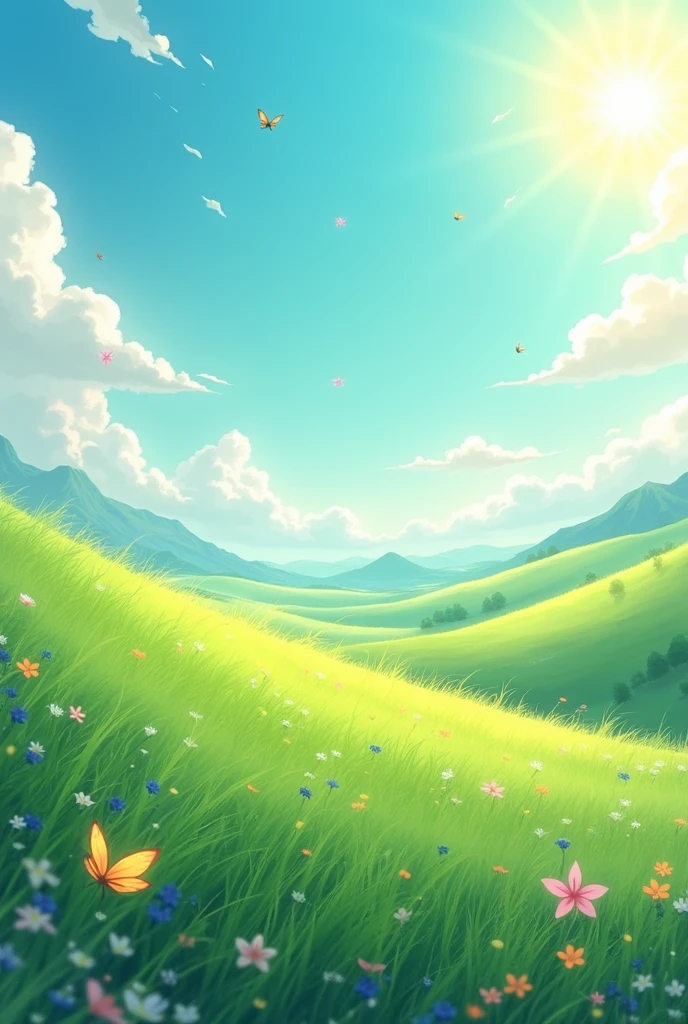Beautiful grassland cloud in the sky shiny day with butterflys anime style 