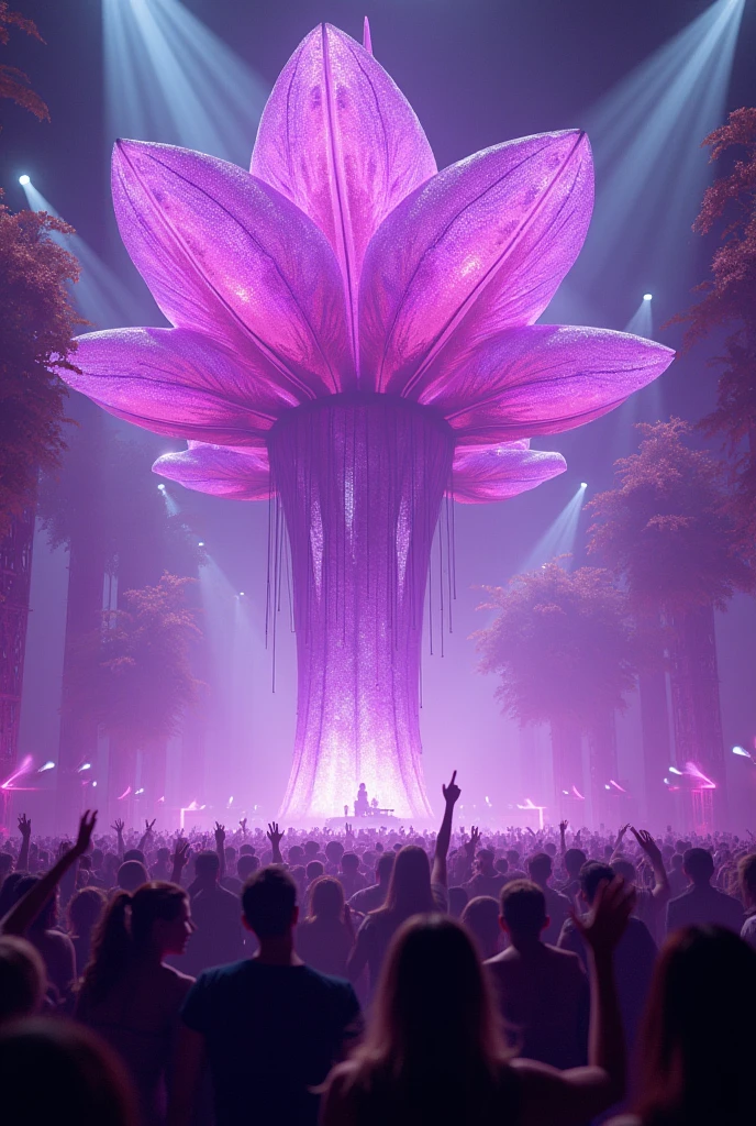 rave party stage shaped like a giant purple orchid in a magical world where people celebrate life by dancing and smiling, the stage has a DJ playing and the people are happy and excited