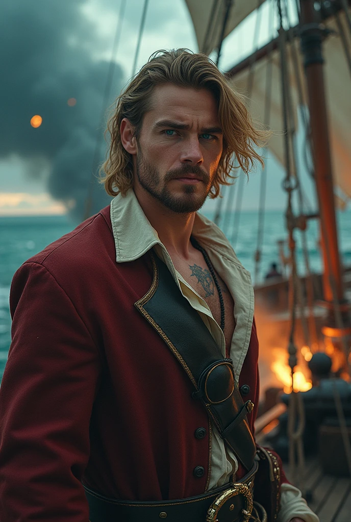 ((best quality:1.3)), ((masterpiece:1.3)), ((detailed background:1.3)), ((detailed face:1.3)), (Highly detailed face:1.2), (1 person, Handsome muscular young dutch man:1.2), (A happy smile: 1.3), (Natural look:1.3), (A lively smile:1.3),Turquoise Eyes, Golden Hair, Straight hair, (Overall view of a pirate ship:1.3), skin, Character Focus, Portraiture, View your viewers, alone, Upper Body, Detailed Background, sinister smile, Those who cannot, Rich pirate captain costume, Tattoo, Dark Fantasy Theme, (((Detailed Pirate Ship:1.3))), wooden deck of a ship, cannon, gunpowder, Flintlock pistol type, flying debris, pirate battle, Maelstrom, Dark Storm, it's raining, Tropical Beach, pirate hideout, dock, camp, Palm tree, sand, peaceful, sun, Loot, azimuth magnetic needle, treasure,Photon Mapping,High Contrast,Glitter