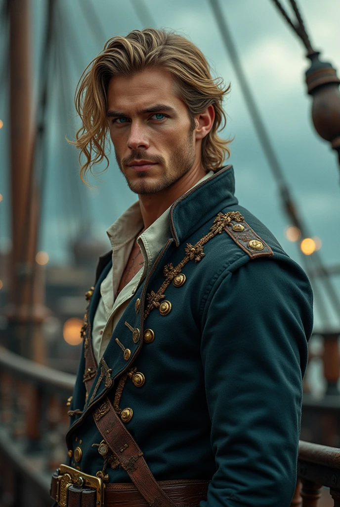 ((best quality:1.3)), ((masterpiece:1.3)), ((detailed background:1.3)), ((detailed face:1.3)), (Highly detailed face:1.2), (1 person, Handsome muscular young dutch man:1.2), (A happy smile: 1.3), (Natural look:1.3), (A lively smile:1.3),Turquoise Eyes, Golden Hair, Straight hair, (Overall view of a pirate ship:1.3), skin, Character Focus, Portraiture, View your viewers, alone, Upper Body, Detailed Background, sinister smile, Those who cannot, Rich pirate captain costume, Tattoo, Dark Fantasy Theme, (((Detailed Pirate Ship:1.3))), wooden deck of a ship, cannon, gunpowder, Flintlock pistol type, flying debris, pirate battle, Maelstrom, Dark Storm, it's raining, Tropical Beach, pirate hideout, dock, camp, Palm tree, sand, peaceful, sun, Loot, azimuth magnetic needle, treasure,Photon Mapping,High Contrast,Glitter