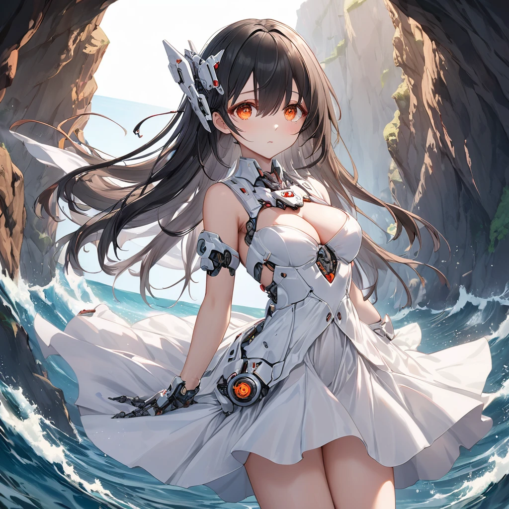 Highest quality, wonderful_delicate, wonderful delicate eyes, Super detailed, beautiful, 8k , One girl, Red eyes, evil, Facial Contour,Perfect Anatomy、(White dress theme)Beautiful Mecha Girl、beautifulブロンドの20歳の少女.Orange eyes、(Good shape、Normal chest、Cleavage)、3次元のbeautiful機械部品, Vivid and realistic black color、(Shoulders and legs are exposed:1.2)(Rear mechanical unit、The mechanism is concentrated on the back)、(Small dice in hand:1.3)break(Wear a simple white dress:1.4)(Mechanical parts below the elbows and knees:1.3)break、(Perfect Anatomy:1.4)break(Rear view、Recall、avert your eyes、Descending Appearance:1.3)崩breakる世界(Between the cliff and the sea:1.3)