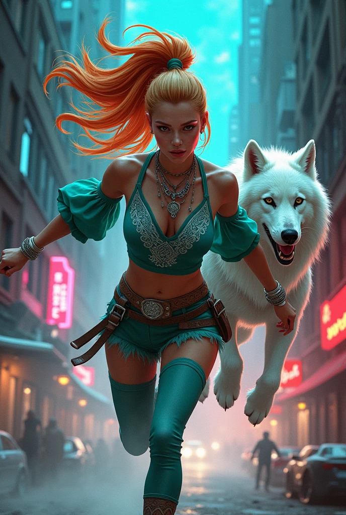 ultra-detailed, realistic, 4k, masterpiece:1.2, highres, vivid colors, bokeh, professional, HDR, sharp focus, studio lighting, ultra-fine painting, physically-based rendering, full lips, pronounced feminine feature, busty, woman A render of a fearless fighter, a boho woman with a high ponytail of blonde hair transitioning to vibrant ginger and red streaks, leaping between neon-lit rooftops. Her teal-colored top with elaborate Celtic patterns and intricate silver jewelry glimmers in the city lights. A large, ethereal wolf with striking white fur and glowing orange markings, known as Button, is her companion. The gritty graffiti punk backdrop adds to the urban decay and vibrant graffiti, creating a visually striking contrast. Swirling smoke envelops the chase, adding dynamism and mystery to this electrifying pursuit. The fusion of fashion, illustration, and dark fantasy creates an intense, rebellious vibe, charged with creative energy., photo, vibrant, illustration