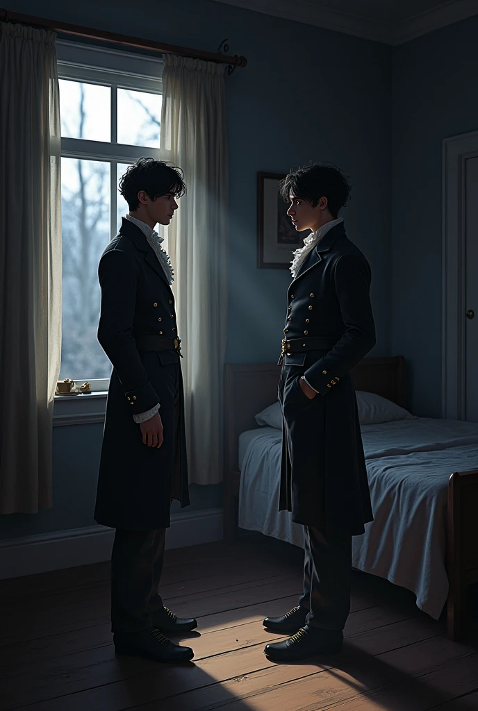 Two twin brothers with black hair and eyes, talking in a room, At night, one next to the window and the other next to the door and the bed.. Both dressed in casual clothes from the year 1824.