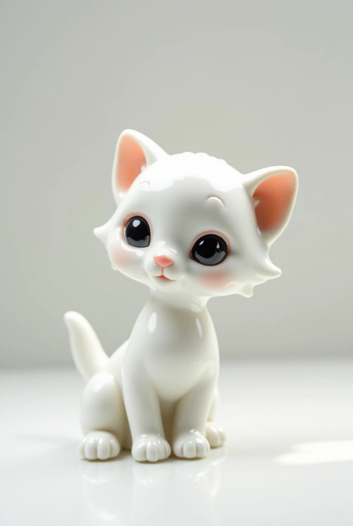 Cute white kitten pottery、White porcelain、Big head、Shiny