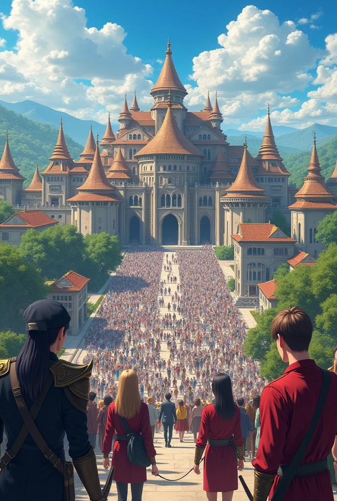 a crowd of over 100 royal students, some muscular, some wearing hats, some walking with archery bows, some carrying swords, some carrying books, dressed in tight shirts and royal jeans, in a magnificent fantasy institute palace-like setting with high tall architecture and surrounded by 5 detailed temples, with a scenic view of houses and medieval buildings, a road leading towards the palace-like institute divine kingdom, blue sky, clouds, trees, the students wearing shining, glistening dresses, (best quality,4k,8k,highres,masterpiece:1.2),ultra-detailed,(realistic,photorealistic,photo-realistic:1.37),detailed fantasy architecture, beautiful shining scenery, dramatic lighting, intricate details, vibrant colors,high resolution, accurate, from above, POV, 360 view, anime, anime style, ashcan school, op art