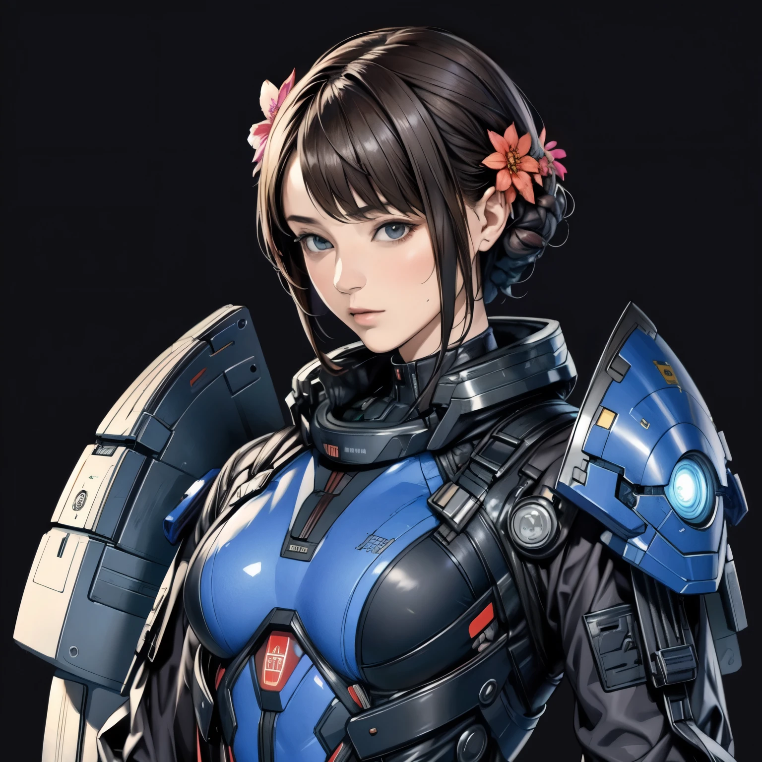 278 (20-year-old woman,short hair) , flower, Futuristic clothing, machinery suit, (The background is a galaxy and nebula)