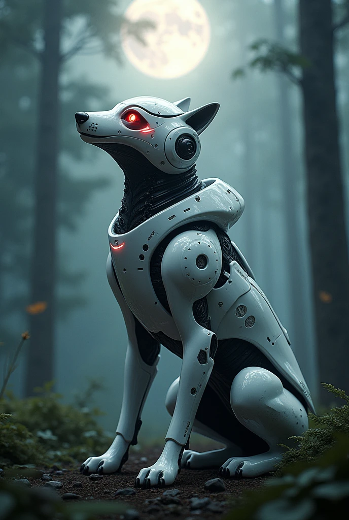 (photorealism:1.2), WOLF in white glossy cyborg helmet and cyborg costume with red glowing eyes in forest looking at the moon