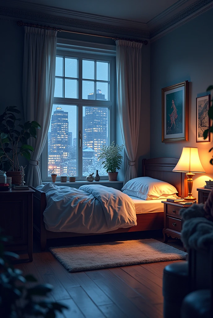 Small bedroom fully furnished with a small window on wall near bed and snow fall outside and buildings at night