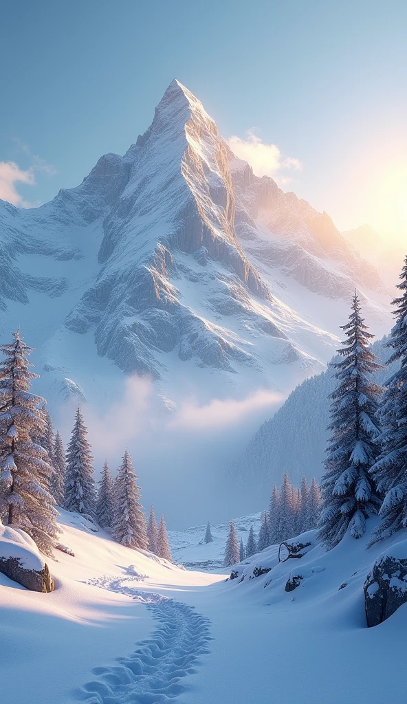 "Generate an ultra-realistic image of a snow-capped mountain range at dawn. The golden light of the rising sun shall illuminate the mountain peaks, creating a sharp contrast between the white snow and the clear blue sky. Add details like sparse trees covered in snow, clouds of light fog hovering over the slopes and small animal tracks in the snow."