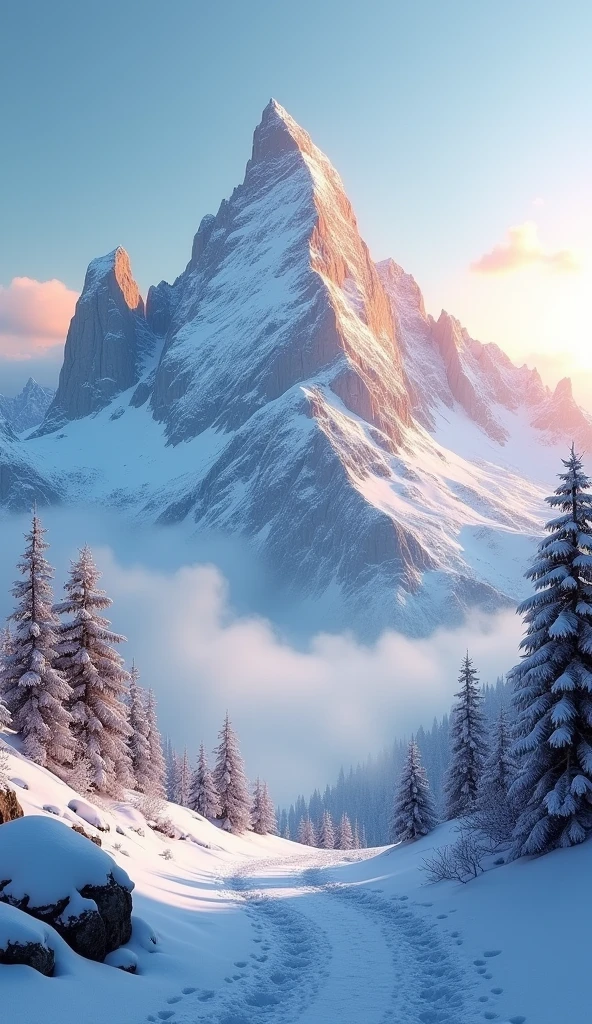 "Generate an ultra-realistic image of a snow-capped mountain range at dawn. The golden light of the rising sun shall illuminate the mountain peaks, creating a sharp contrast between the white snow and the clear blue sky. Add details like sparse trees covered in snow, clouds of light fog hovering over the slopes and small animal tracks in the snow."