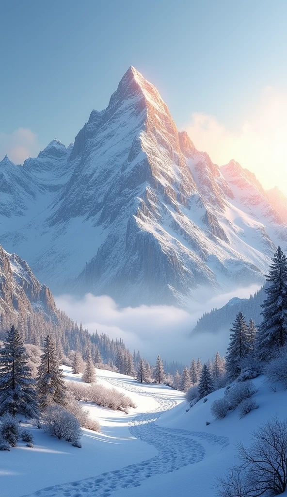"Generate an ultra-realistic image of a snow-capped mountain range at dawn. The golden light of the rising sun shall illuminate the mountain peaks, creating a sharp contrast between the white snow and the clear blue sky. Add details like sparse trees covered in snow, clouds of light fog hovering over the slopes and small animal tracks in the snow."