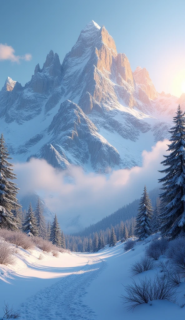 "Generate an ultra-realistic image of a snow-capped mountain range at dawn. The golden light of the rising sun shall illuminate the mountain peaks, creating a sharp contrast between the white snow and the clear blue sky. Add details like sparse trees covered in snow, clouds of light fog hovering over the slopes and small animal tracks in the snow."