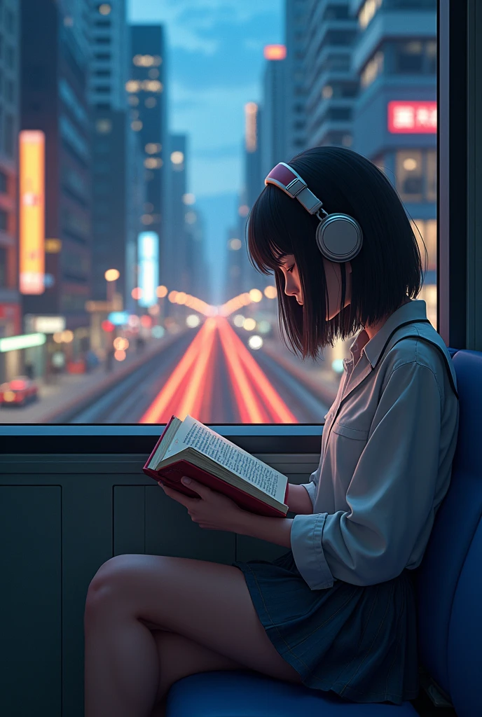 Makoto Shinkai style　I&#39;m sitting on a bench seat on the train reading a textbook with headphones on.　College girl on train running through urban evening city　Animated book flipping and blinking videos