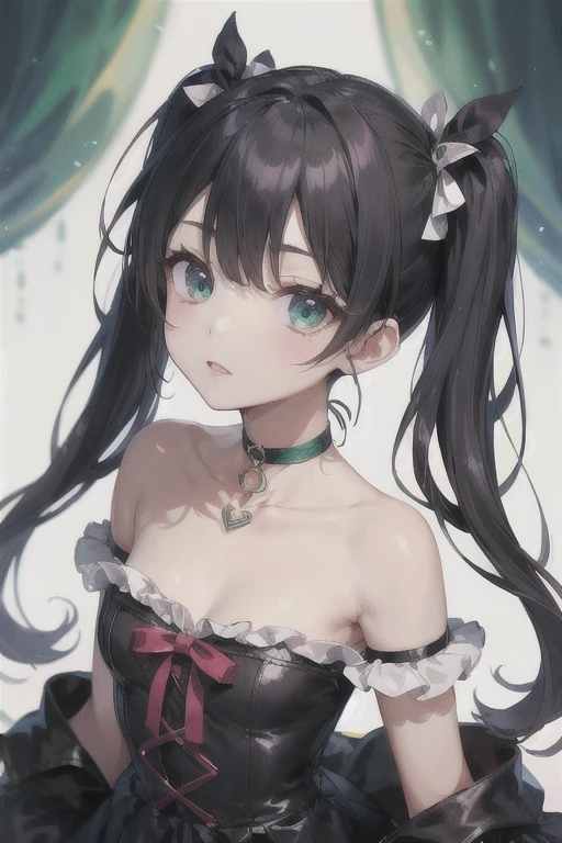 (Highest quality)、(Highest quality)、cute、(choker).eyes are emerald、(Twin tails)、(Black Hair)、