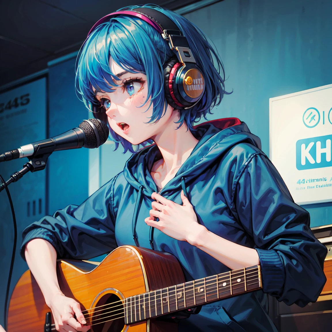 Highest quality、4K wallpaper、masterpiece、Very detailed、CG、Unity、8k wallpaper、Very fine grain、Complex、One Girl、Retro art style、Pop Art Style、Girl wearing a hoodie、Girl with headphones around her neck、Girl playing acoustic guitar、Shortcuts、Navy Blue Hair、Chill、Chill、Emotional、emotional、Singing Girl