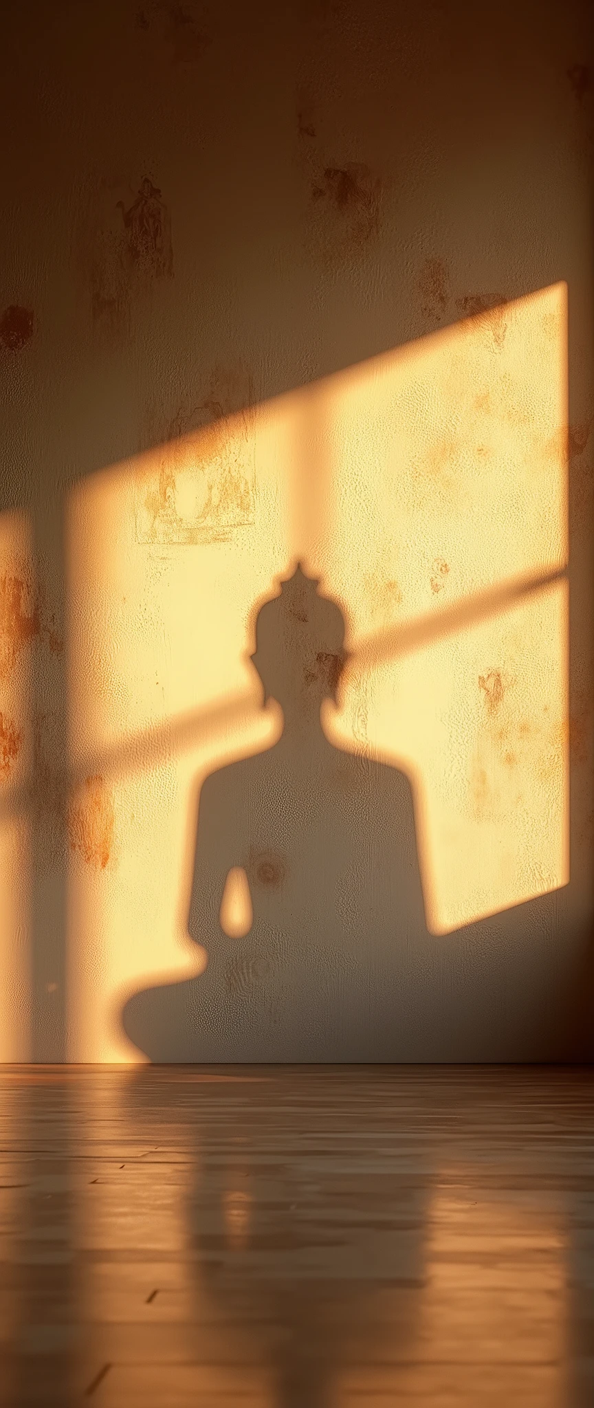 (masterpiece:1.2,Exceptional Quality,mirror-like,Cinematic Experience,Photorealistic:2.0,RAW Photos:2.0),8k,wallpaper,,A shadow in the shape of a Buddha is cast on the wall,Warm atmosphere