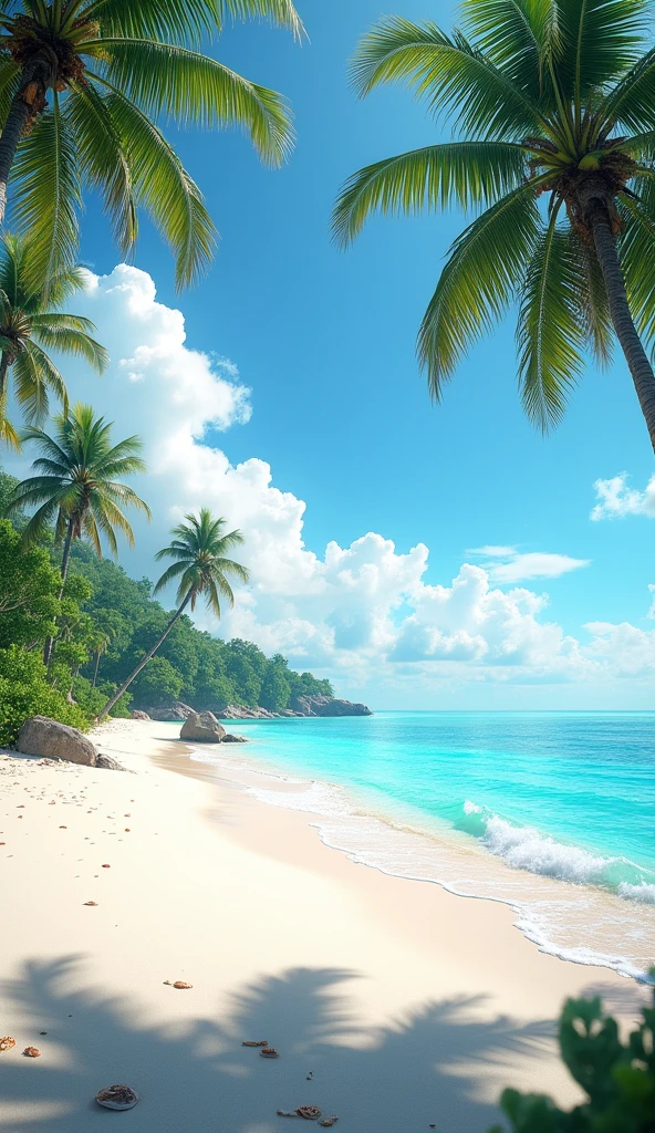 "Develop an ultra-realistic image of an exotic beach with fine white sand and crystal clear, deep turquoise water. The sea must be calm, with gentle waves breaking on the shore. Include leaning palm trees and tropical vegetation in the background, besides a clear sky with some scattered clouds. Add details like shells scattered across the sand and small fish swimming near the shore.."
