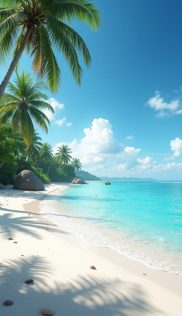 "Develop an ultra-realistic image of an exotic beach with fine white sand and crystal clear, deep turquoise water. The sea must be calm, with gentle waves breaking on the shore. Include leaning palm trees and tropical vegetation in the background, besides a clear sky with some scattered clouds. Add details like shells scattered across the sand and small fish swimming near the shore.."