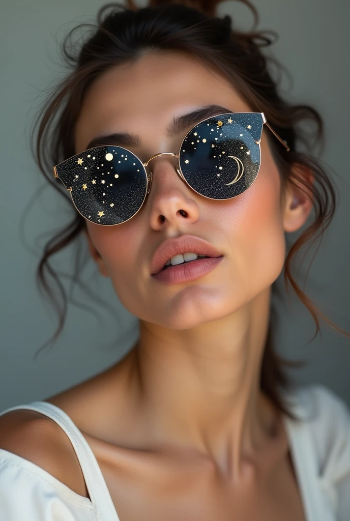 The model is wearing glass sunglasses with stars and the moon on the glass