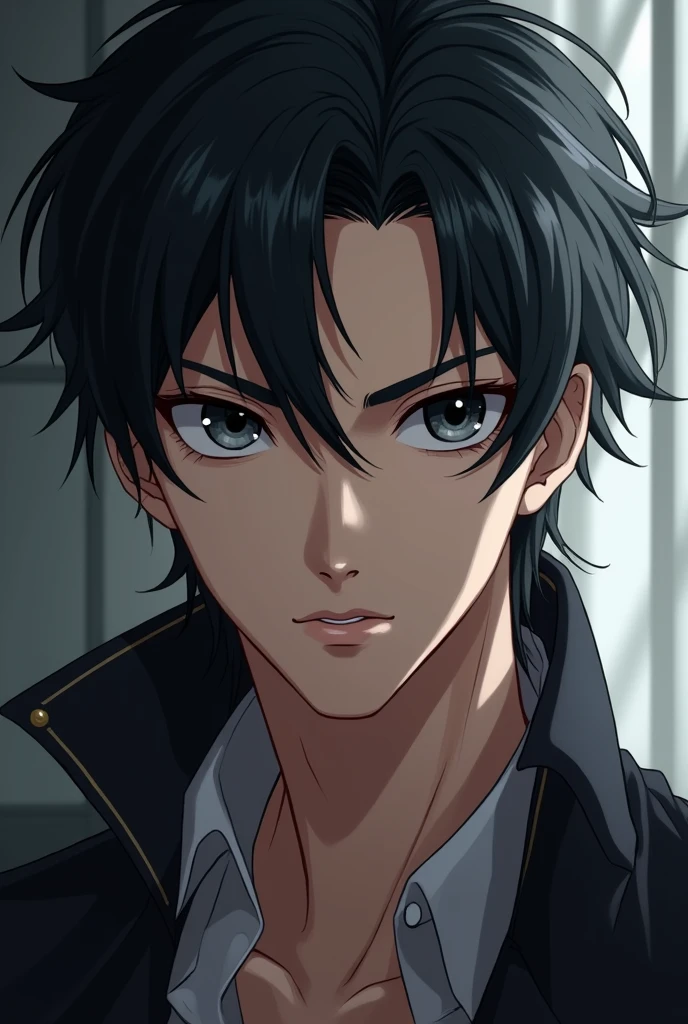 A chinese handsome man. Black and grey eyes. Black hair with grey locks. Messy hair. Long lashes. Anime.
