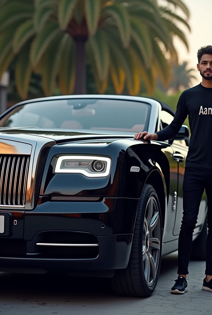Generate a pic of rolls-royce la rose noire droptail with a boy stand beside and written name of his shirt is 'Aamir' for Mobile Wallpers
