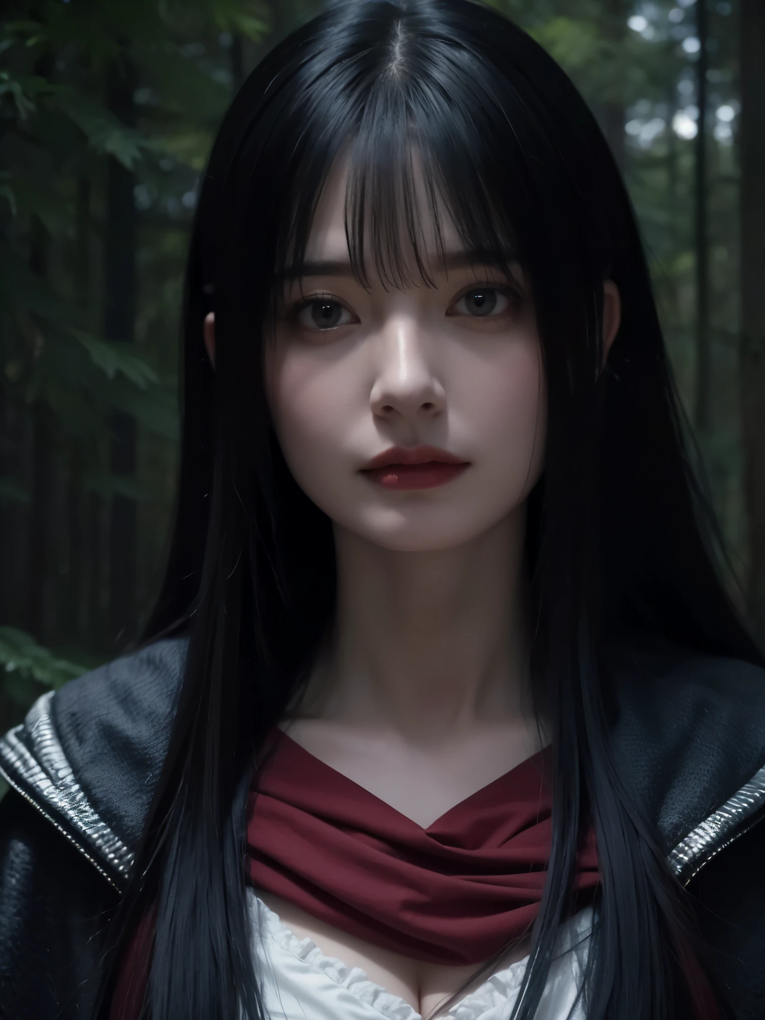 (ultra-detailed),((portrait )),image of a girl with a red cape and black hair, on a dark path through the forest, heading towards a magic gate.black and gray gradient, hazy, realistic, ((bangs)),8k resolution, Unreal Engine, cinematic